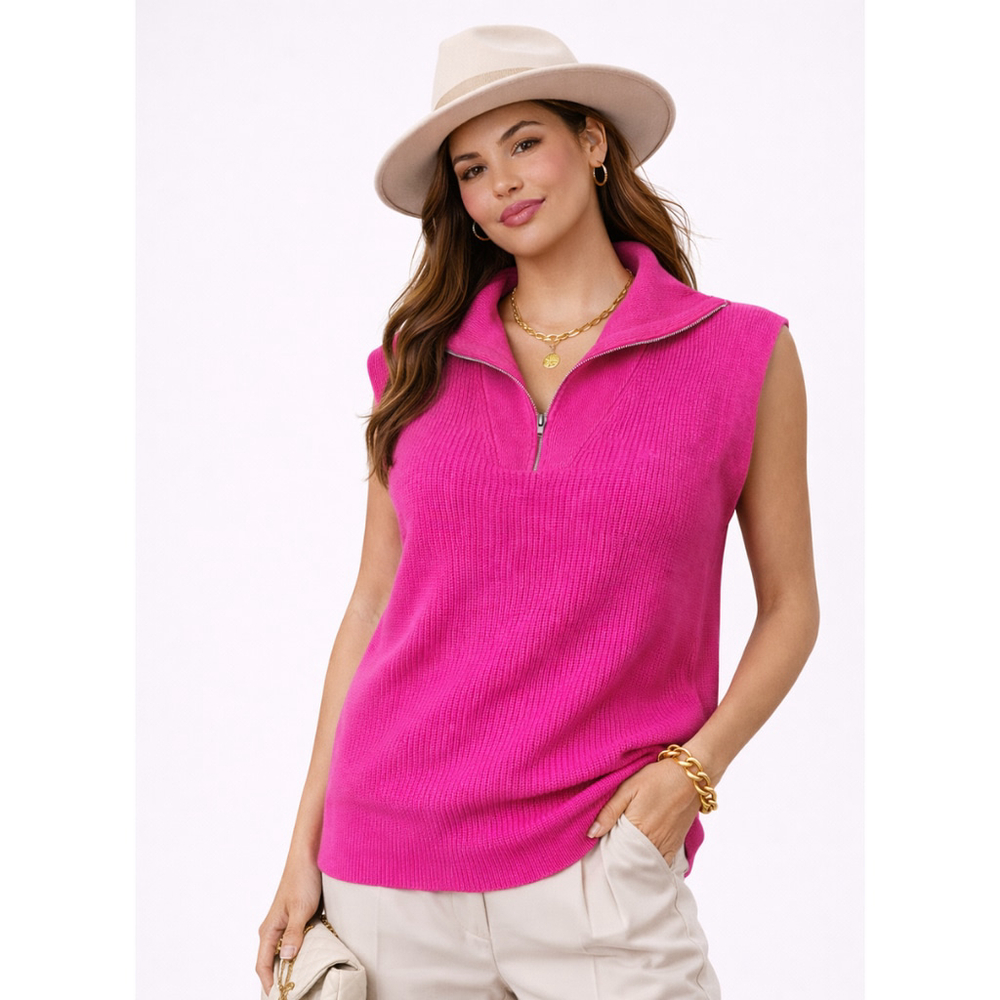 Women’s Casual Sleeveless Half Zip Pullover Sweater – Rose Red – Size L – NWT